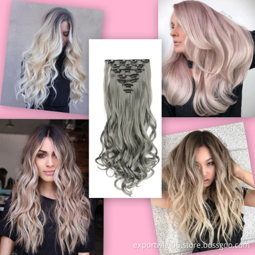 Answer 7 pieces a set  Long Straight Synthetic Hair Extensions Clips in High Temperature Fiber Black Brown Hairpiece